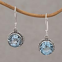 Blue topaz dangle earrings, 'Iridescent Circles' - Round Blue Topaz and Silver Dangle Earrings from Bali