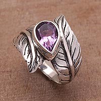 Amethyst cocktail ring, 'Leafy Caress' - Amethyst and Silver Leaf Design Cocktail Ring from Bali