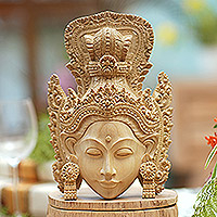 Wood mask, 'Crowned Princess Sita' - Artisan Hand-Carved Wooden Princess Sita Mask from Bali