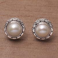 Cultured pearl button earrings,