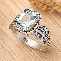 Blue topaz single stone ring, 'Razorleaf' - Blue Topaz Leaf-Themed Single Stone Ring from Bali