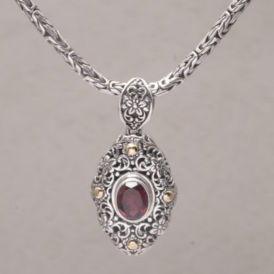 Gold accented garnet pendant necklace, Floral Dew