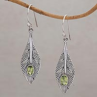 Peridot dangle earrings, 'Glittering Feathers' - Peridot and Silver Feather Dangle Earrings from Bali