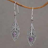 Amethyst dangle earrings, 'Glittering Feathers' - Amethyst and Silver Feather Dangle Earrings from Bali