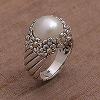 Handmade Cultured Pearl Cocktail Ring with Floral Motifs,'Daisy Glow'