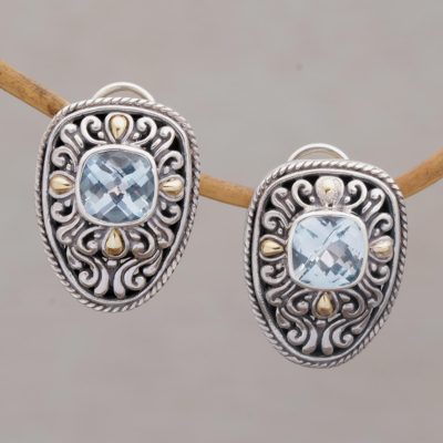 Blue topaz and gold accent drop earrings, Luxurious Swirls