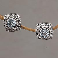 Blue topaz button earrings, 'Bamboo Shade' - Blue Topaz and Sterling Silver Button Earrings from Bali
