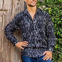 Men's cotton long-sleeved shirt, 'Rapids' - Men's Hand-Stamped Cotton Long-Sleeve Shirt from Bali