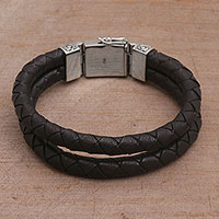 Men's leather wristband bracelet, 'Soulful Braids' - Men's Two-Strand Wristband Leather Bracelet from Bali