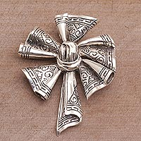 Sterling silver brooch, 'Songket Windmill' - Sterling Silver Songket Cloth Brooch from Bali