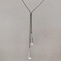Sterling silver lariat necklace, 'Droplet Duo' - Sterling Silver Adjustable Lariat Necklace from Bali