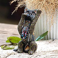 Polymer clay sculpture, 'Begging Cat' - Handcrafted Colorful Polymer Clay Cat Sculpture from Bali