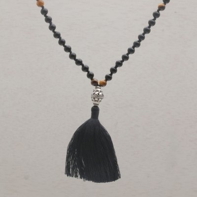 Onyx and tiger's eye pendant necklace, 'Meditative Evening' - Onyx and Tiger's Eye Pendant Necklace from Bali