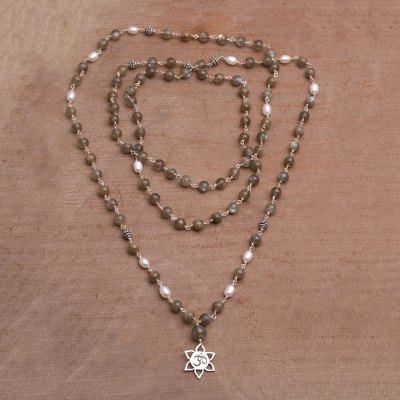 Labradorite and cultured pearl long beaded pendant necklace, Om in Bloom