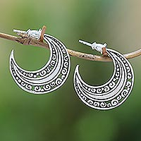 Sterling silver half-hoop earrings, 'Curling Crescents' - Sterling Silver Crescent Half-Hoop Earrings from Bali
