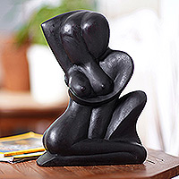 Wood sculpture, 'Temptation in Black' - Black Wood Sculpture of Lovers Entwined in an Embrace