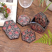 Wood batik coasters, 'Kembang Memory' (set of 6) - Handcrafted Wood Batik Coasters from Indonesia (Set of 6)