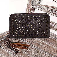 Leather wallet clutch, 'Borobudur Stars in Chocolate' - Hand Crafted Brown Leather Wallet Clutch from Bali