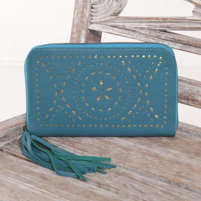 Leather wallet clutch, Borobudur Stars in Teal