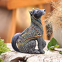 Polymer clay sculpture, 'Vibrant Wolf' - Handcrafted Polymer Clay Wolf Sculpture from Bali