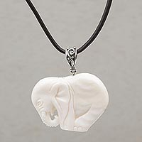 Bone pendant necklace, 'Elephant Bow' - Elephant-Shaped Adjustable Bone Pendant Necklace from Bali