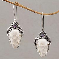 Amethyst and bone dangle earrings, 'Elephant Grandeur' - Amethyst Elephant Dangle Earrings with Carved Bone