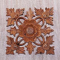 Wood wall relief panel, 'Lotus Shield' - Carved Wood Wall Relief Panel of Lotus Blossom