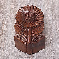 Wood puzzle box, 'Sunflower Secret' - Hand Carved Wood Sunflower Puzzle Box from Bali