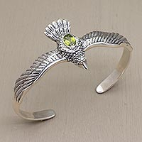 Peridot cuff bracelet, 'Spirit Hawk' - Peridot Hawk Motif Cuff Bracelet in Sterling Silver
