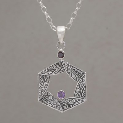 Garnet and amethyst pendant necklace, Songket Hex