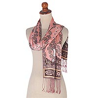 Silk batik scarf, 'Blushing Eden' - Blush and Grey Floral Batik Silk Scarf Boxed Gift Set