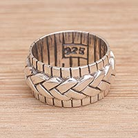 Sterling silver band ring, 'Move in Silence' - 925 Sterling Silver Handmade Woven Motif Band Ring