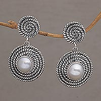 Cultured pearl dangle earrings, 'Moonlight Spirals' - Spiral Motif Cultured Pearl Dangle Earrings from Bali
