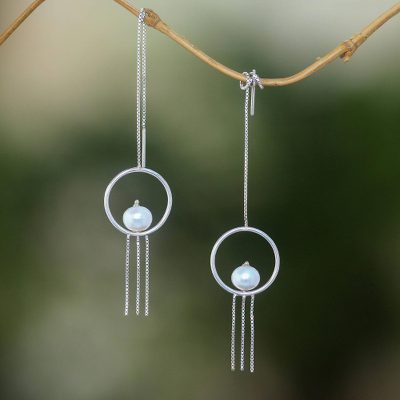 Cultured pearl threader earrings, Moonlit Rain