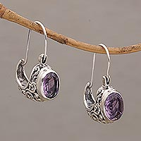 Amethyst drop earrings, 'Eternally Elegant' - Ornate Silver Drop Earrings with Oval Amethyst Gemstones