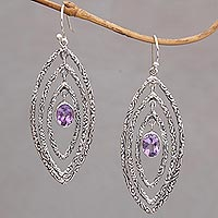 Amethyst dangle earrings, 'Illusive Eyes' - Amethyst and Sterling Silver Dangle Earrings from Bali