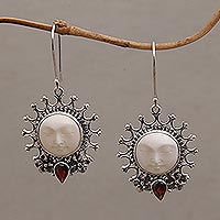 Garnet dangle earrings, 'Sunny Soul' - Handcrafted Sun-Themed Garnet Dangle Earrings from Bali