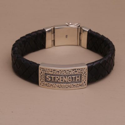 Sterling silver and leather wristband bracelet, Braided Strength