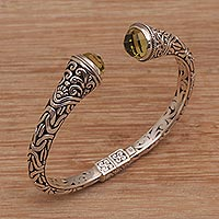 Prasiolite cuff bracelet, 'Our Two Souls' - Balinese Style Hinged 925 Silver Prasiolite Cuff Bracelet
