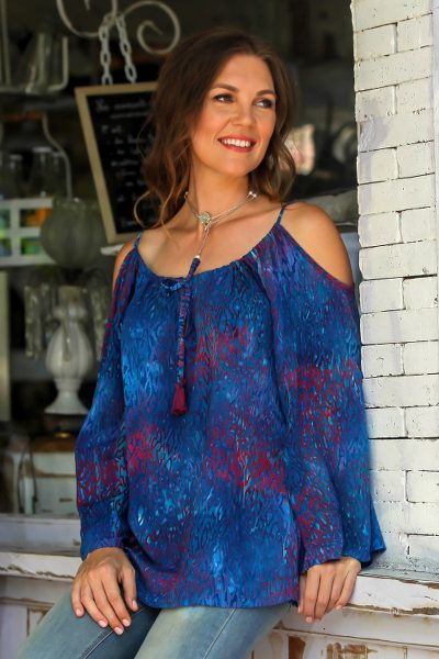 Batik rayon cold-shoulder tunic, 'Pacific Reef' - Cold Shoulder Rayon Batik Tunic in Blue and Red
