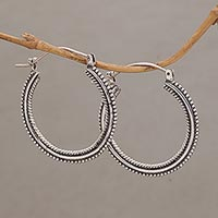 Sterling silver hoop earrings, 'On Rotation' (1.4 inch) - Sterling Silver Hoop Earrings with Textured Details (1.4 In)