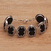 Onyx link bracelet, 'Garden Shrine' - Link Bracelet with Sterling Silver and Black Onyx