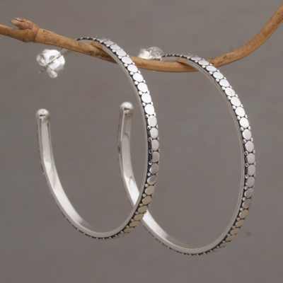 Sterling silver half-hoop earrings, Dotted Line