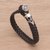 Leather wristband bracelet, 'Vulture King' - Black Leather and Sterling Silver Braided Wristband thumbail