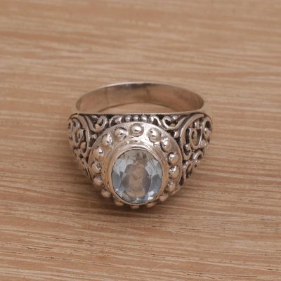 Combined silver ring electrode evolution - Blue Topaz and Sterling Silver Scroll Motif Cocktail Ring