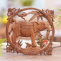 Wood relief panel, 'Noble Elephant' - Handmade Elephant Wood Wall Relief Panel from Bali