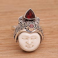 Garnet cocktail ring, 'White Knight' - Carved Bone and Sterling Silver Ring with Garnet Accents