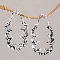 Sterling silver hoop earrings, 'Breadfruit Leaves' - Balinese Leaf Motif Sterling Silver Hoop Earrings