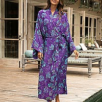 Batik rayon robe, 'Daydream in Violet' - Purple Blue Batik Print Long Sleeved Rayon Robe with Belt