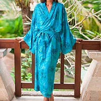 Rayon batik robe, 'Daylight Eden' - Blue and Green Rayon Morning Garden Batik Long Sleeved Robe